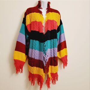 The Cove Multi Stripe Destroyed Fringe Hem Oversized Open Front Cardigan Size M